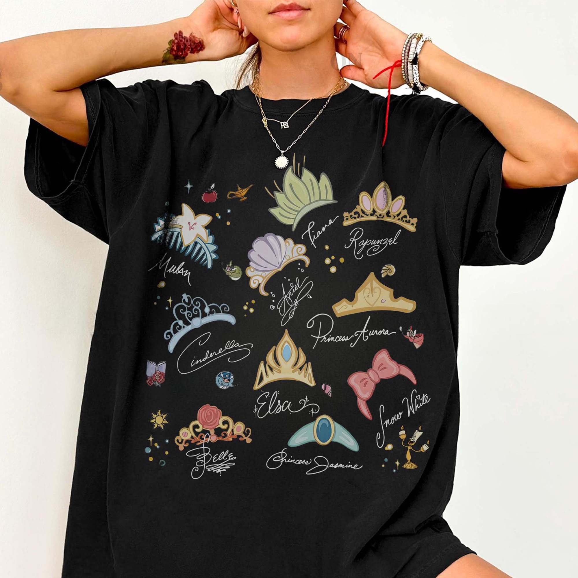 RodyThread Watercolor Princess Crowns Graphic T-Shirt Women's Vintage Coquette Washed Charcoal Grey Cotton Tee Summer Girl Squad Trip 2026 Theme Park Vacation Outfit Casual Loose Top