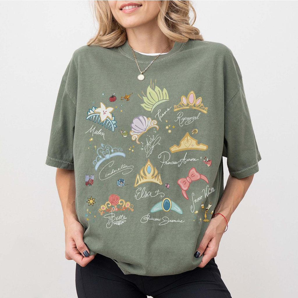 RodyThread Watercolor Princess Crowns Graphic T-Shirt Women's Vintage Coquette Washed Charcoal Grey Cotton Tee Summer Girl Squad Trip 2026 Theme Park Vacation Outfit Casual Loose Top