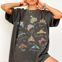 RodyThread Watercolor Princess Crowns Graphic T-Shirt Women's Vintage Coquette Washed Charcoal Grey Cotton Tee Summer Girl Squad Trip 2026 Theme Park Vacation Outfit Casual Loose Top