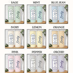 Color chart showing RodyThread 20oz skinny vacation tumblers in sage, mint, blue jean, ivory, lemon, orange, pink, pepper