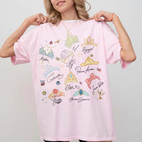 RodyThread Watercolor Princess Crowns Graphic T-Shirt Women's Vintage Coquette Washed Charcoal Grey Cotton Tee Summer Girl Squad Trip 2026 Theme Park Vacation Outfit Casual Loose Top