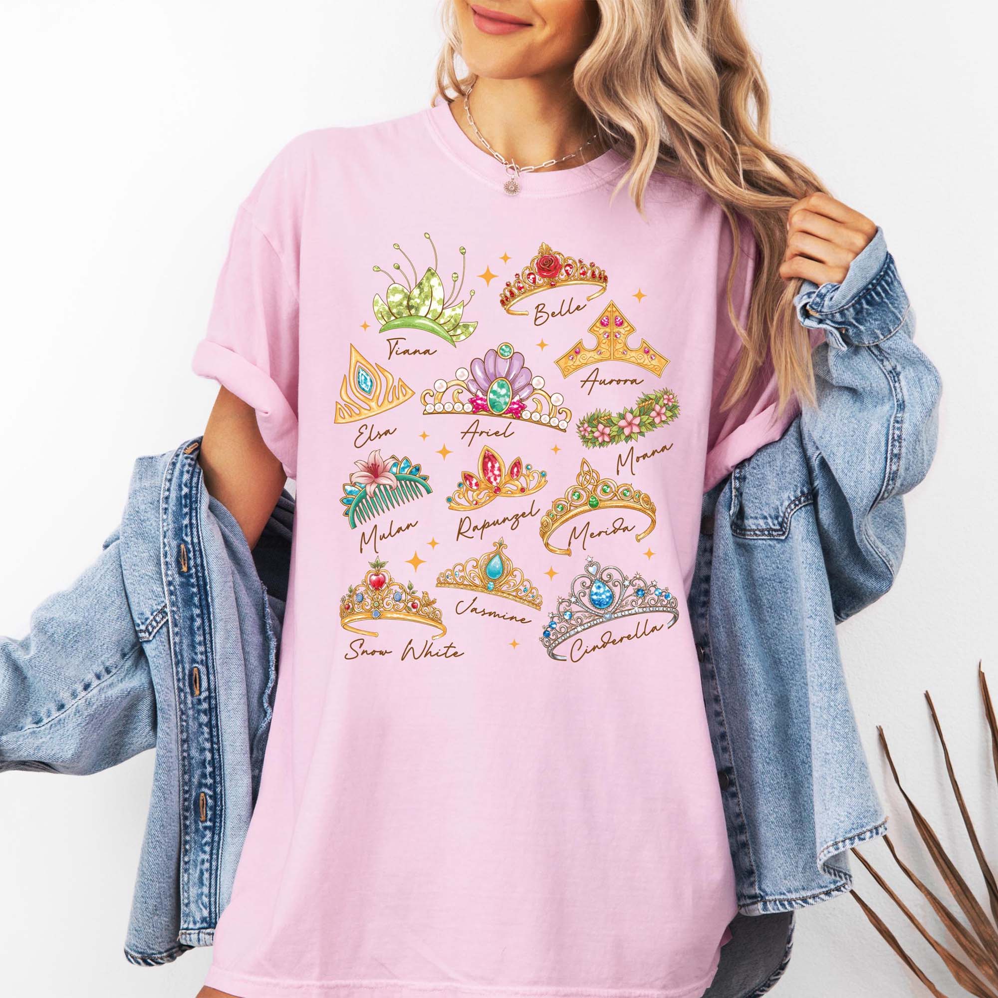 RodyThread Unbranded Fairytale Princess Crowns Signature Short Sleeve T-Shirt Graphic Tee For Women And Teens Coquette Whimsical Preppy Aesthetic Beige Cotton Blend Magical Vacation 2026 Besties Girls Trip Top Casual Loose Fit Summer Y2K Apparel