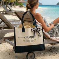 RodyThread Custom Name Summer Trip Tote Personalized Canvas Beach Bag For Women Girls Trip Preppy Coastal Coquette Aesthetic Natural Beige Black Canvas Bridesmaid Bachelorette Vacation Gift Destination Holiday Travel Essentials Ribbon Bow