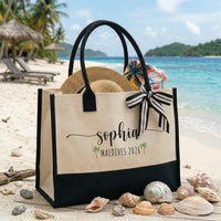 RodyThread Custom Name Summer Trip Tote Personalized Canvas Beach Bag For Women Girls Trip Preppy Coastal Coquette Aesthetic Natural Beige Black Canvas Bridesmaid Bachelorette Vacation Gift Destination Holiday Travel Essentials Ribbon Bow