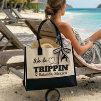 RodyThread We Be Trippin Canvas Tote Bag For Women Bridesmaids Girls Trip Preppy Coastal Vacation Aesthetic Two-Tone Black Beige Cotton Canvas Funny Bachelorette Beach Bag Destination Group Travel Gift Custom Shopper