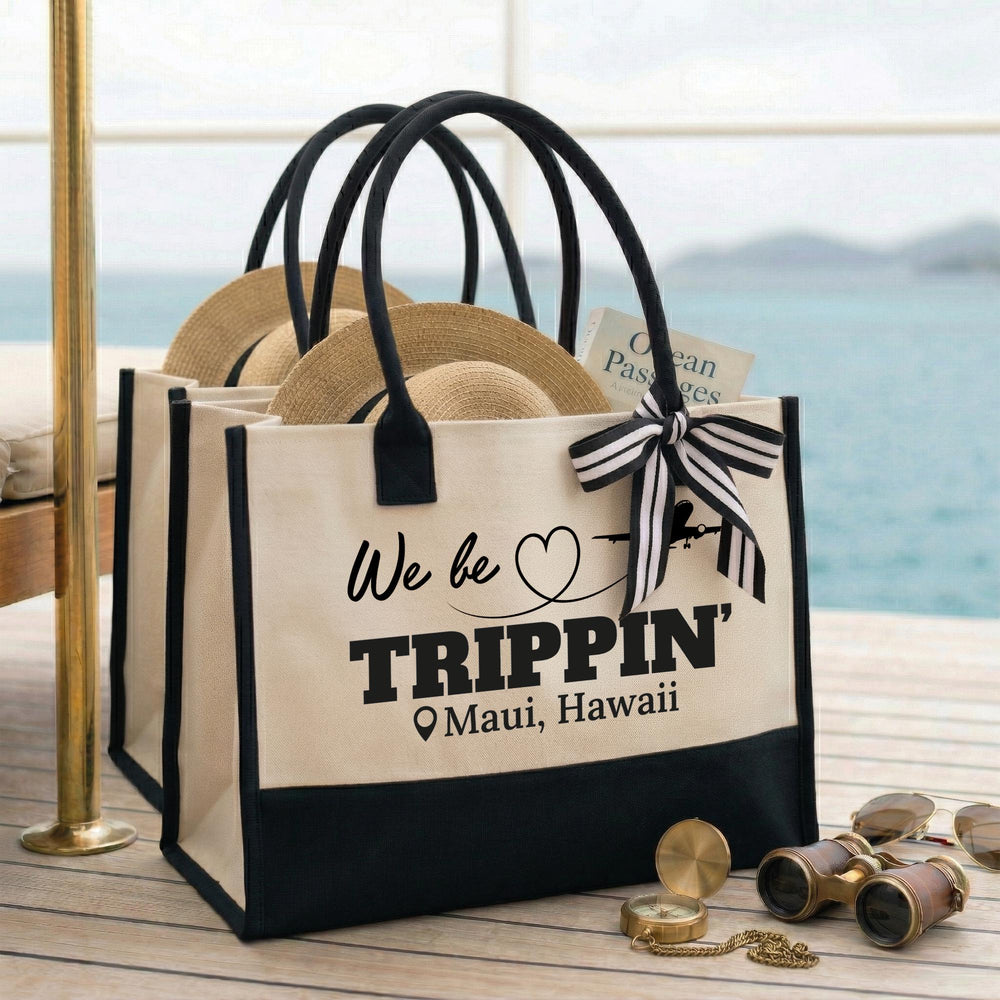 RodyThread We Be Trippin Canvas Tote Bag For Women Bridesmaids Girls Trip Preppy Coastal Vacation Aesthetic Two-Tone Black Beige Cotton Canvas Funny Bachelorette Beach Bag Destination Group Travel Gift Custom Shopper