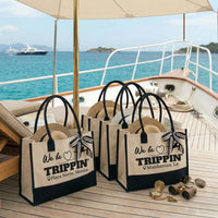 RodyThread We Be Trippin Canvas Tote Bag For Women Bridesmaids Girls Trip Preppy Coastal Vacation Aesthetic Two-Tone Black Beige Cotton Canvas Funny Bachelorette Beach Bag Destination Group Travel Gift Custom Shopper