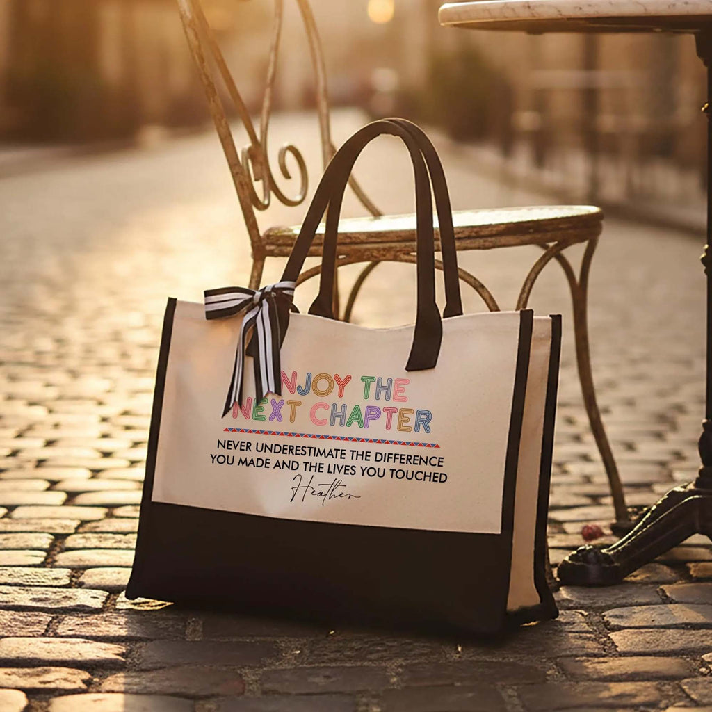 RodyThread Custom Personalized Enjoy The Next Chapter Canvas Tote Bag For Women Preppy Aesthetic Cream Black Custom Name Retirement Gift Never Underestimate The Difference You Made Teacher Appreciation Coworker Leaving Present Beach Bag