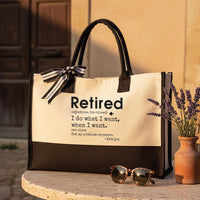 RodyThread Personalized Funny Retired Definition Canvas Tote Bag Custom Name Retirement Gift for Women Coworkers Minimalist Preppy Aesthetic Black and White Cotton Beach Vacation Reusable Shopping Handbag Bulk Discount Summer Cruise Tote