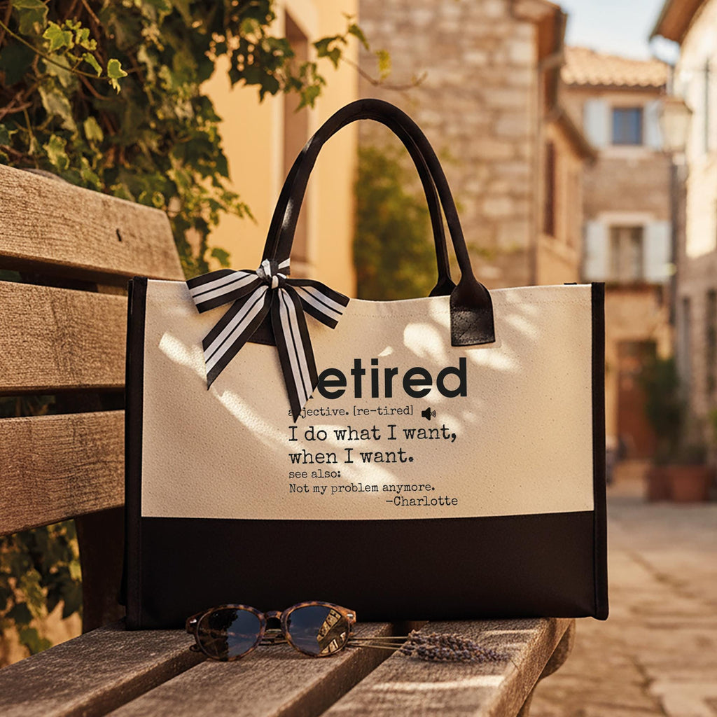 RodyThread Personalized Funny Retired Definition Canvas Tote Bag Custom Name Retirement Gift for Women Coworkers Minimalist Preppy Aesthetic Black and White Cotton Beach Vacation Reusable Shopping Handbag Bulk Discount Summer Cruise Tote