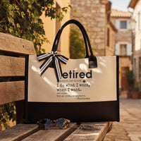 RodyThread Personalized Funny Retired Definition Canvas Tote Bag Custom Name Retirement Gift for Women Coworkers Minimalist Preppy Aesthetic Black and White Cotton Beach Vacation Reusable Shopping Handbag Bulk Discount Summer Cruise Tote
