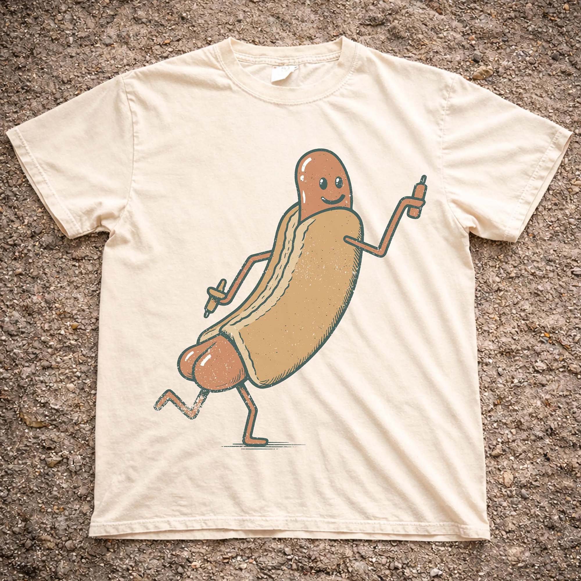 RodyThread Funny Hotdog Graphic T-Shirt Unisex Retro Foodie Cute Wiener Cartoon Graphic Tee Casual Vintage Aesthetic Cream Cotton Summer Top Novelty Gag Gift Shirt Classic Comfortable Clothing For Men And Women Daily Wear