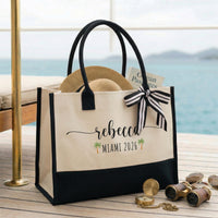 RodyThread Custom Name Summer Trip Tote Personalized Canvas Beach Bag For Women Girls Trip Preppy Coastal Coquette Aesthetic Natural Beige Black Canvas Bridesmaid Bachelorette Vacation Gift Destination Holiday Travel Essentials Ribbon Bow