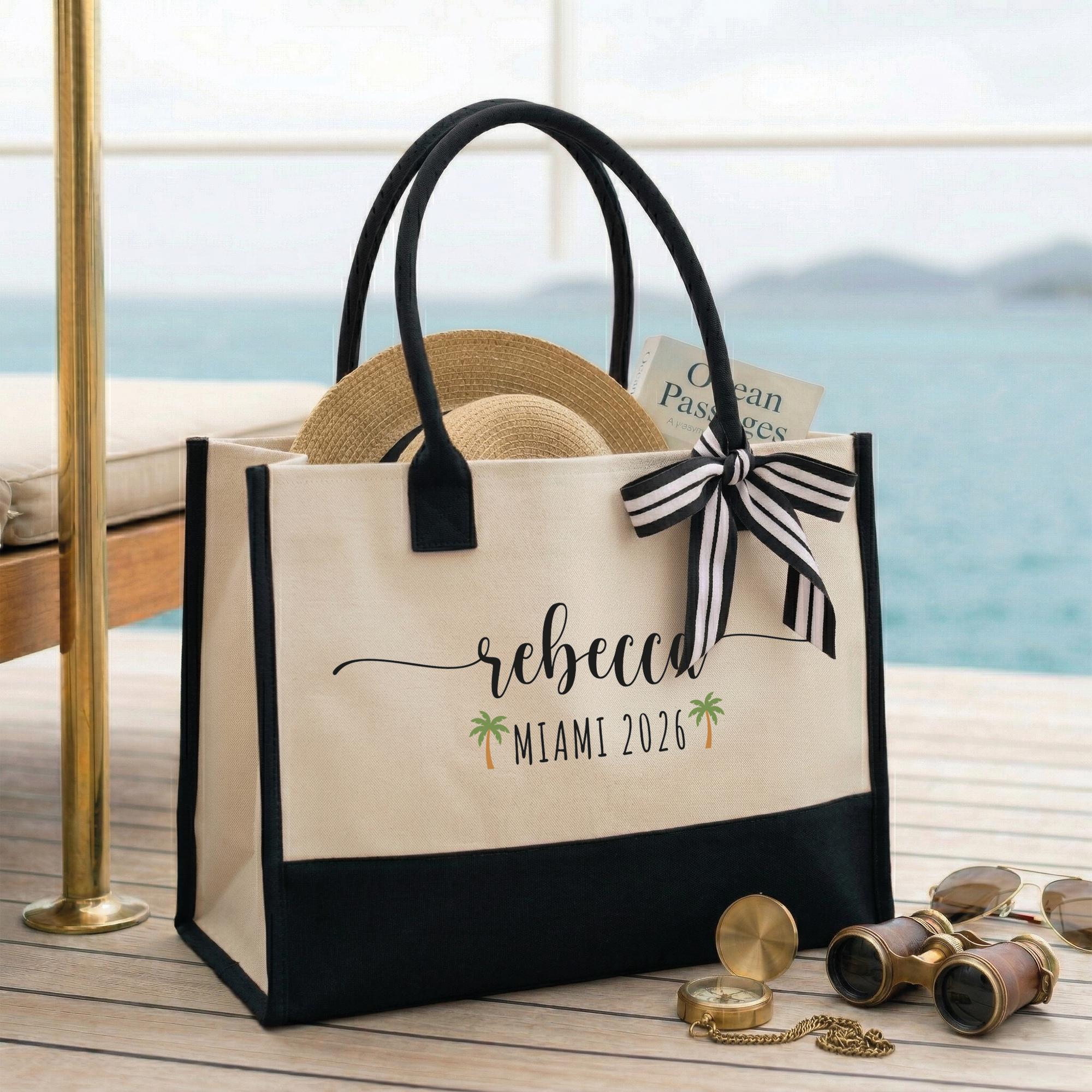 RodyThread Custom Name Summer Trip Tote Personalized Canvas Beach Bag For Women Girls Trip Preppy Coastal Coquette Aesthetic Natural Beige Black Canvas Bridesmaid Bachelorette Vacation Gift Destination Holiday Travel Essentials Ribbon Bow