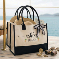 RodyThread Custom Name Summer Trip Tote Personalized Canvas Beach Bag For Women Girls Trip Preppy Coastal Coquette Aesthetic Natural Beige Black Canvas Bridesmaid Bachelorette Vacation Gift Destination Holiday Travel Essentials Ribbon Bow
