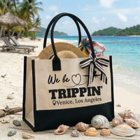 RodyThread We Be Trippin Canvas Tote Bag For Women Bridesmaids Girls Trip Preppy Coastal Vacation Aesthetic Two-Tone Black Beige Cotton Canvas Funny Bachelorette Beach Bag Destination Group Travel Gift Custom Shopper