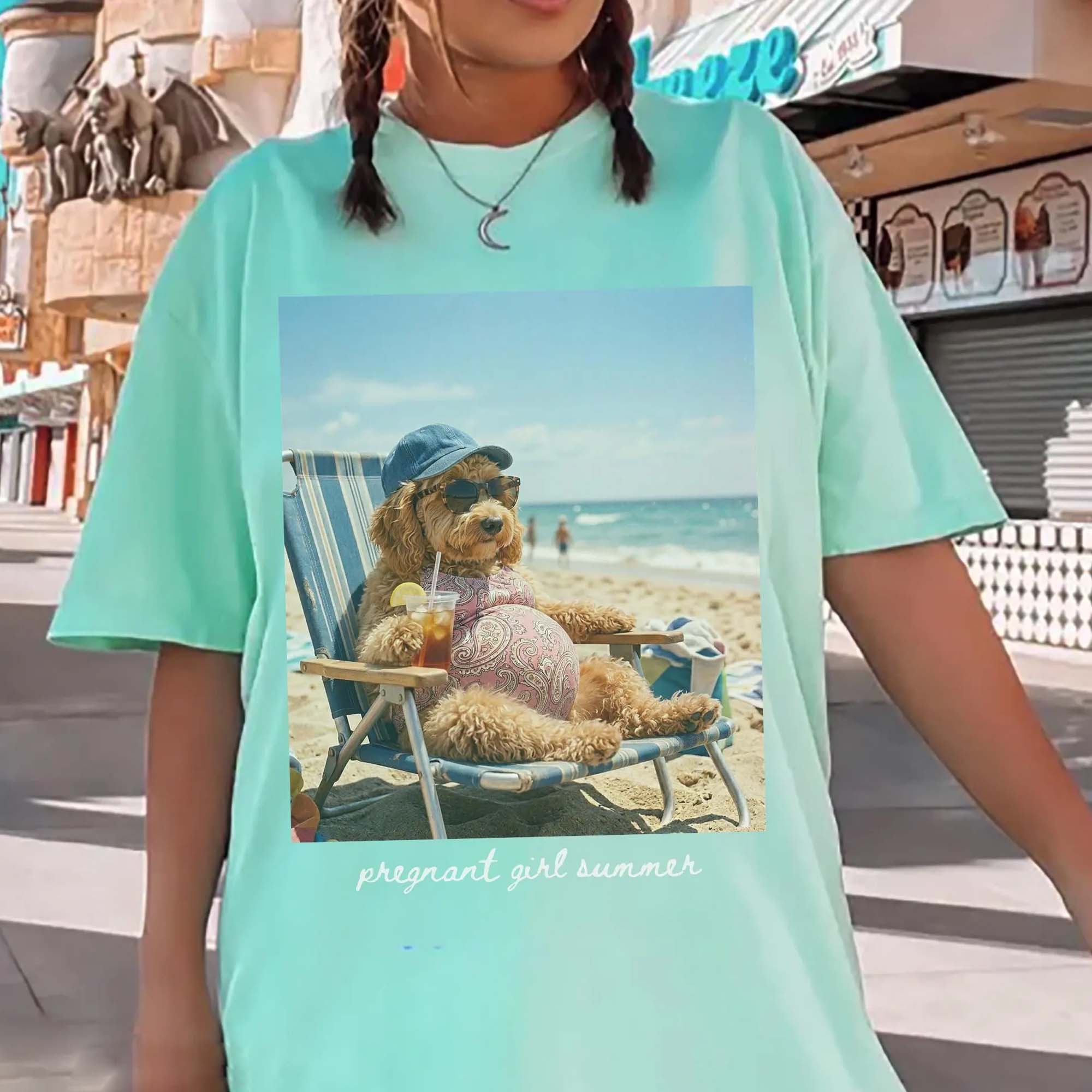 RodyThread Funny Pregnant Girl Summer Meme Graphic T-Shirt for Expecting Moms Goldendoodle Dog Meme Beach Vacation Aesthetic Butter Yellow Casual Basic Loose Fit Maternity Tee Pregnancy Baby Reveal Gift Gen Z Novelty Humor Top