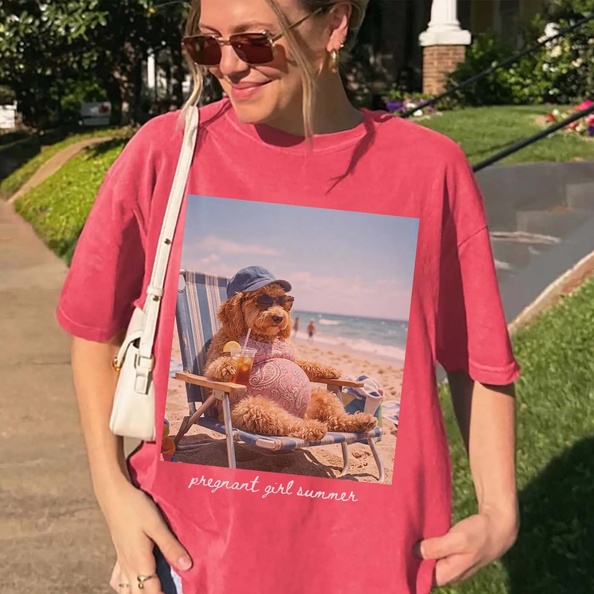 RodyThread Funny Pregnant Girl Summer Meme Graphic T-Shirt for Expecting Moms Goldendoodle Dog Meme Beach Vacation Aesthetic Butter Yellow Casual Basic Loose Fit Maternity Tee Pregnancy Baby Reveal Gift Gen Z Novelty Humor Top