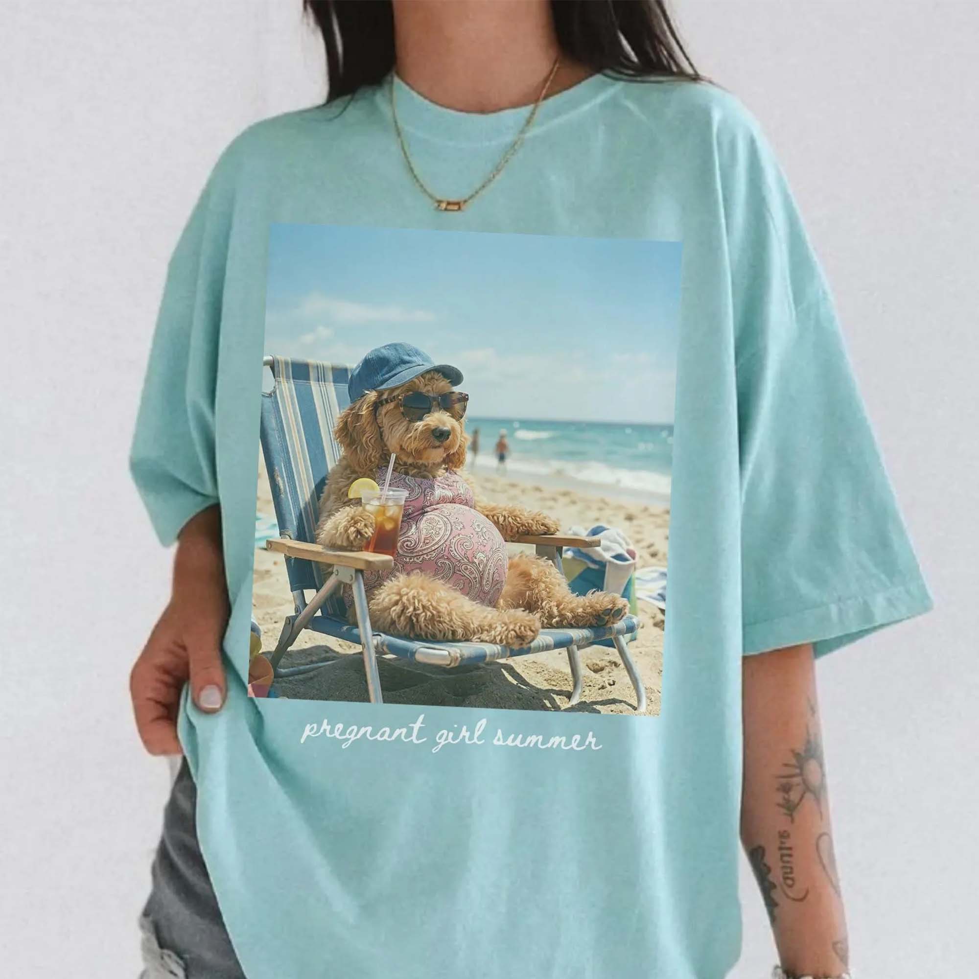 RodyThread Funny Pregnant Girl Summer Meme Graphic T-Shirt for Expecting Moms Goldendoodle Dog Meme Beach Vacation Aesthetic Butter Yellow Casual Basic Loose Fit Maternity Tee Pregnancy Baby Reveal Gift Gen Z Novelty Humor Top