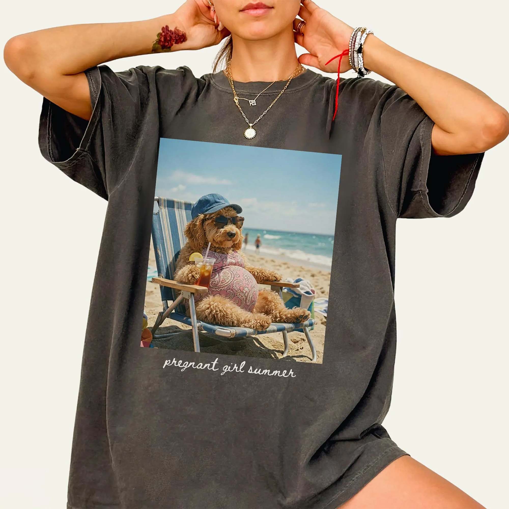 RodyThread Funny Pregnant Girl Summer Meme Graphic T-Shirt for Expecting Moms Goldendoodle Dog Meme Beach Vacation Aesthetic Butter Yellow Casual Basic Loose Fit Maternity Tee Pregnancy Baby Reveal Gift Gen Z Novelty Humor Top