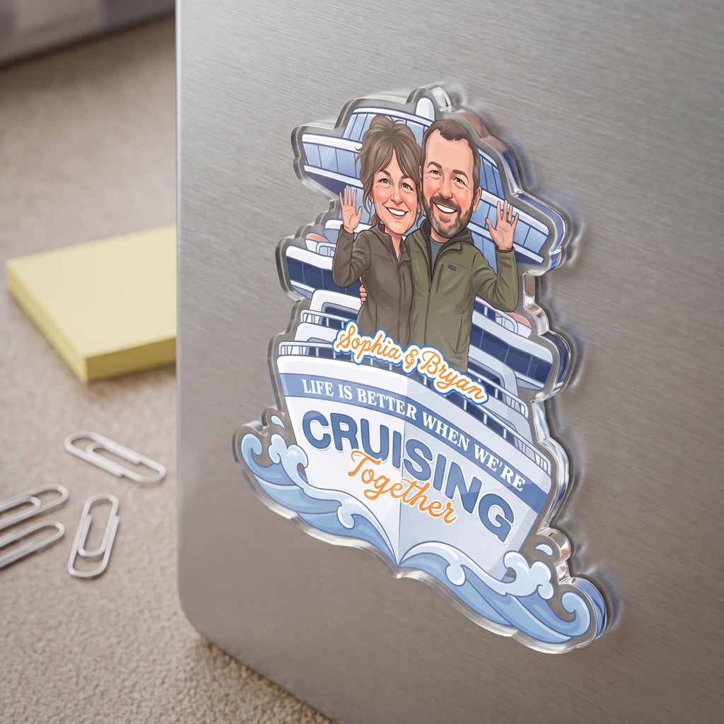RodyThread Custom Couple Cruise Door Magnet Personalized Vacation Cabin Decor Gift For Couples Nautical Cartoon Caricature Aesthetic Clear Acrylic Cruise Partners For Life Life Is Better Cruising Together Custom Names Room Souvenir