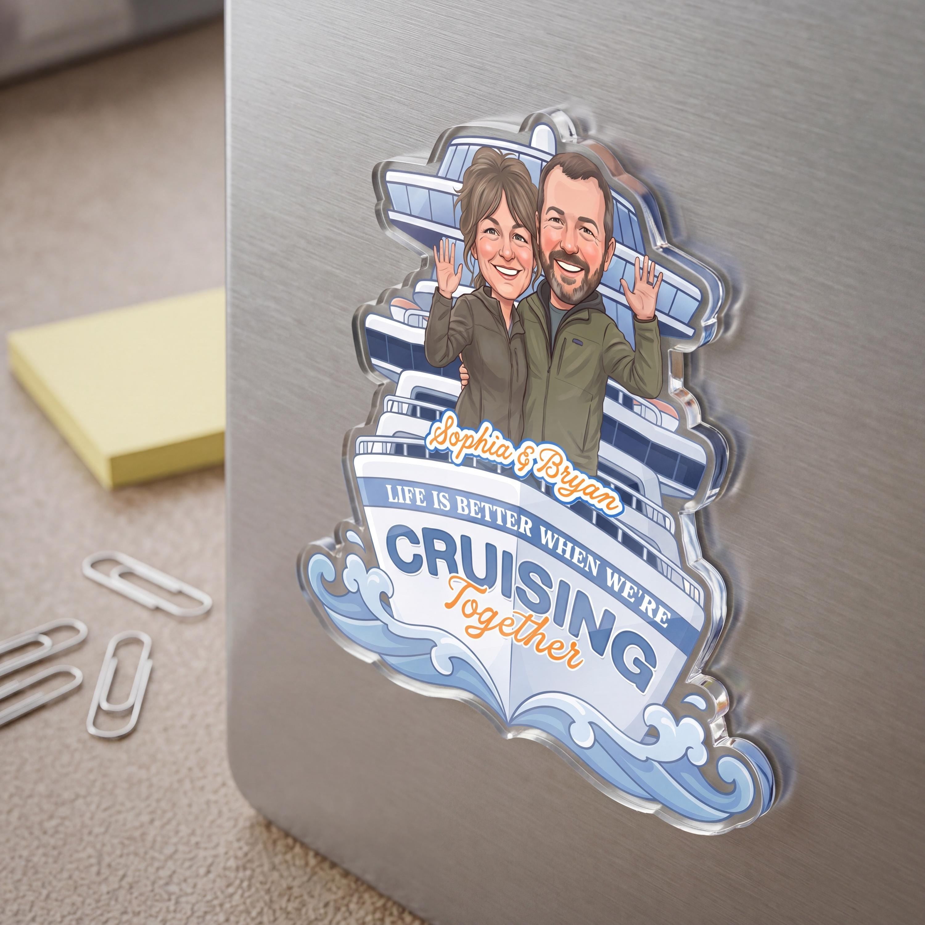 RodyThread Custom Couple Cruise Door Magnet Personalized Vacation Cabin Decor Gift For Couples Nautical Cartoon Caricature Aesthetic Clear Acrylic Cruise Partners For Life Life Is Better Cruising Together Custom Names Room Souvenir