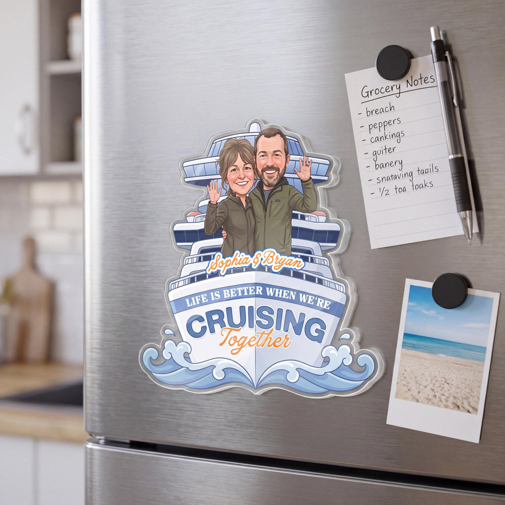 RodyThread Custom Couple Cruise Door Magnet Personalized Vacation Cabin Decor Gift For Couples Nautical Cartoon Caricature Aesthetic Clear Acrylic Cruise Partners For Life Life Is Better Cruising Together Custom Names Room Souvenir