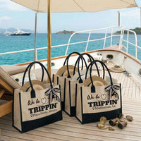 RodyThread We Be Trippin Canvas Tote Bag For Women Bridesmaids Girls Trip Preppy Coastal Vacation Aesthetic Two-Tone Black Beige Cotton Canvas Funny Bachelorette Beach Bag Destination Group Travel Gift Custom Shopper