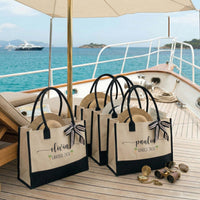 RodyThread Custom Name Summer Trip Tote Personalized Canvas Beach Bag For Women Girls Trip Preppy Coastal Coquette Aesthetic Natural Beige Black Canvas Bridesmaid Bachelorette Vacation Gift Destination Holiday Travel Essentials Ribbon Bow