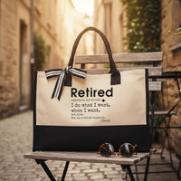 RodyThread Personalized Funny Retired Definition Canvas Tote Bag Custom Name Retirement Gift for Women Coworkers Minimalist Preppy Aesthetic Black and White Cotton Beach Vacation Reusable Shopping Handbag Bulk Discount Summer Cruise Tote