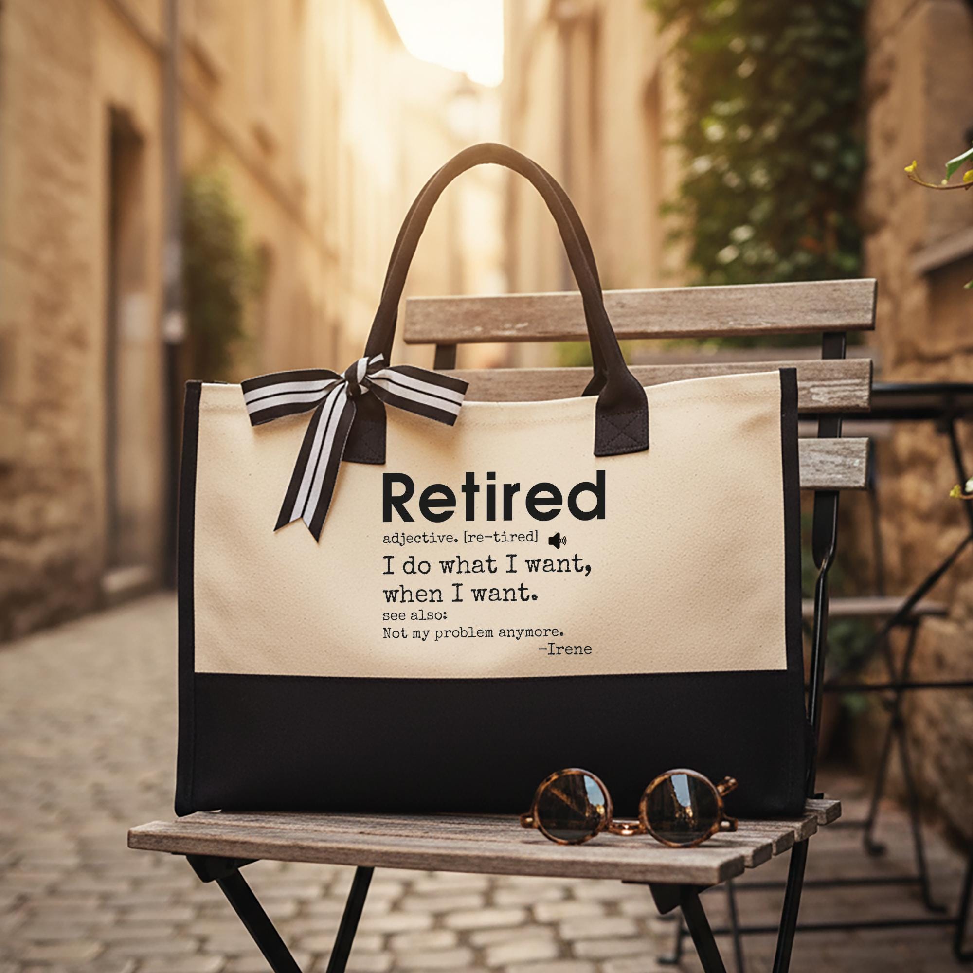 RodyThread Personalized Funny Retired Definition Canvas Tote Bag Custom Name Retirement Gift for Women Coworkers Minimalist Preppy Aesthetic Black and White Cotton Beach Vacation Reusable Shopping Handbag Bulk Discount Summer Cruise Tote