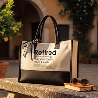 RodyThread Personalized Funny Retired Definition Canvas Tote Bag Custom Name Retirement Gift for Women Coworkers Minimalist Preppy Aesthetic Black and White Cotton Beach Vacation Reusable Shopping Handbag Bulk Discount Summer Cruise Tote