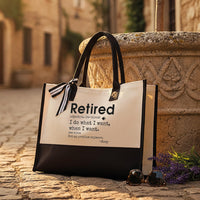 RodyThread Personalized Funny Retired Definition Canvas Tote Bag Custom Name Retirement Gift for Women Coworkers Minimalist Preppy Aesthetic Black and White Cotton Beach Vacation Reusable Shopping Handbag Bulk Discount Summer Cruise Tote