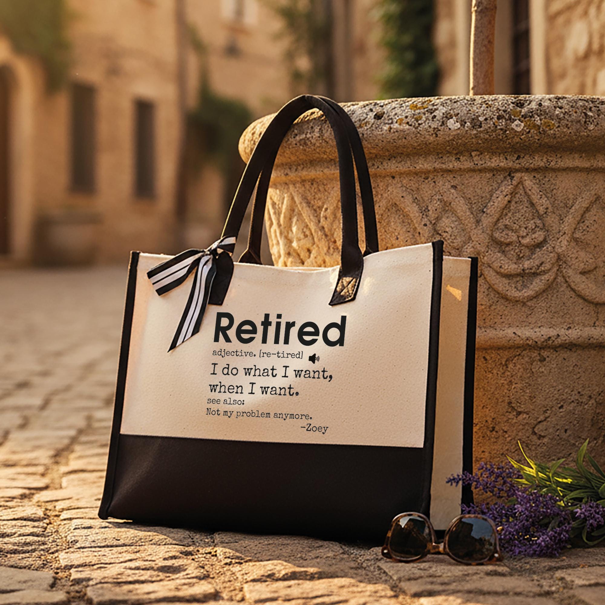 RodyThread Personalized Funny Retired Definition Canvas Tote Bag Custom Name Retirement Gift for Women Coworkers Minimalist Preppy Aesthetic Black and White Cotton Beach Vacation Reusable Shopping Handbag Bulk Discount Summer Cruise Tote
