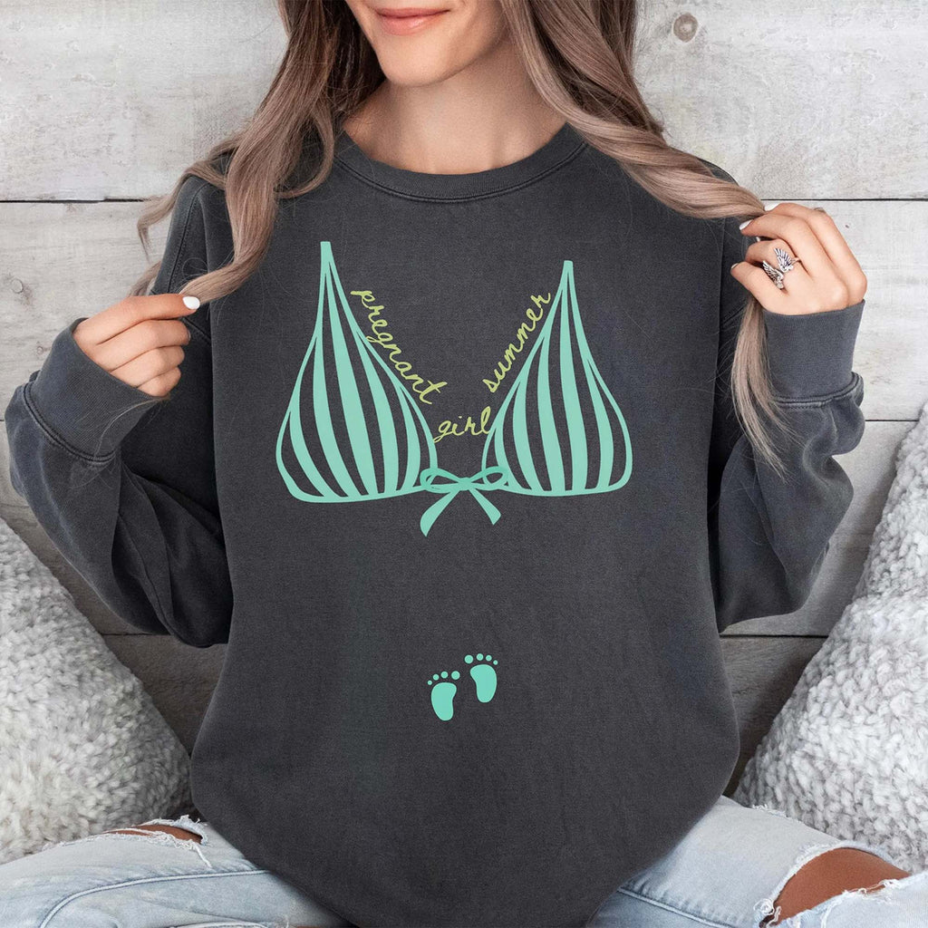 RodyThread Trendy Pregnant Girl Summer String Bikini Oversized Graphic T-Shirt For Women Mom To Be Beach Casual Minimalist Mocha Brown Cotton Blend Cute Pregnancy Announcement Tee Maternity Top Baby Shower Gift Summer Holiday Vacation Clothing
