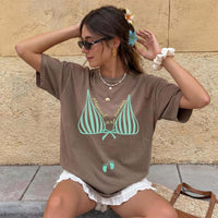 RodyThread Trendy Pregnant Girl Summer String Bikini Oversized Graphic T-Shirt For Women Mom To Be Beach Casual Minimalist Mocha Brown Cotton Blend Cute Pregnancy Announcement Tee Maternity Top Baby Shower Gift Summer Holiday Vacation Clothing