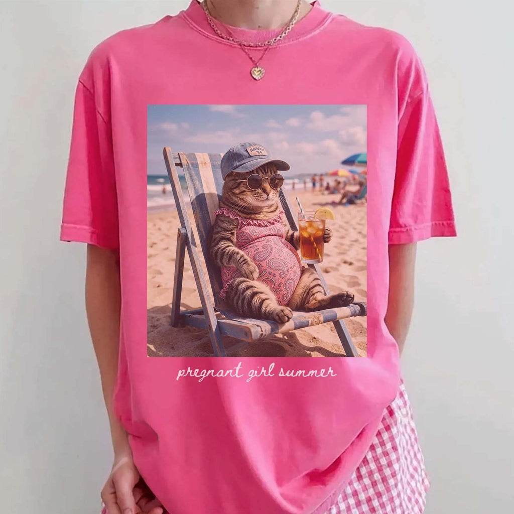RodyThread Pregnant Girl Summer Funny Cat Meme Maternity Graphic T-Shirt For Expecting Moms Women Casual Vintage Wash Loose Fit Y2K Pepper Grey Cotton Tee Beach Pregnancy Announcement Baby Reveal Gift Summer Clothes Summervibes Wear