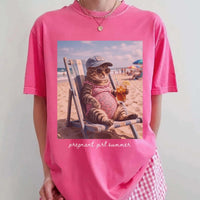 RodyThread Pregnant Girl Summer Funny Cat Meme Maternity Graphic T-Shirt For Expecting Moms Women Casual Vintage Wash Loose Fit Y2K Pepper Grey Cotton Tee Beach Pregnancy Announcement Baby Reveal Gift Summer Clothes Summervibes Wear