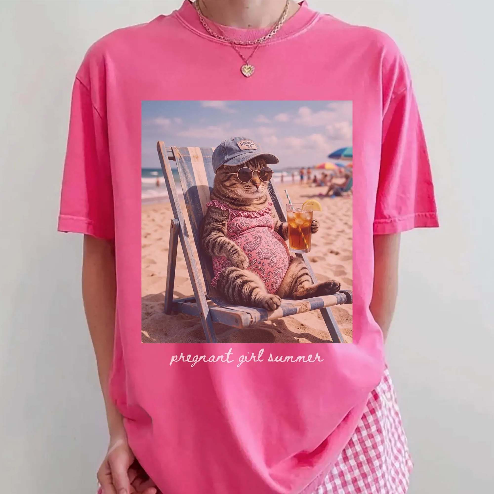 RodyThread Pregnant Girl Summer Funny Cat Meme Maternity Graphic T-Shirt For Expecting Moms Women Casual Vintage Wash Loose Fit Y2K Pepper Grey Cotton Tee Beach Pregnancy Announcement Baby Reveal Gift Summer Clothes Summervibes Wear