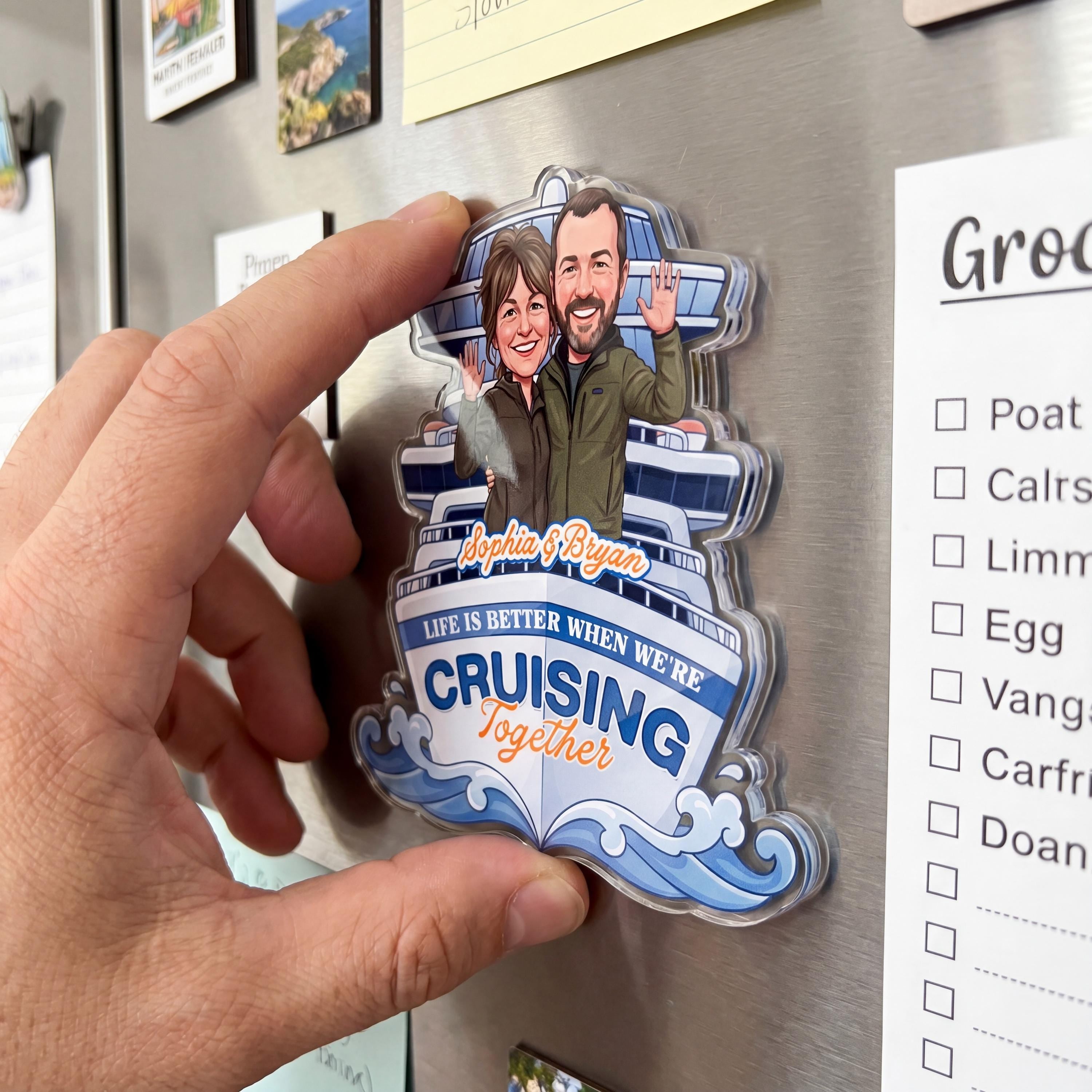 RodyThread Custom Couple Cruise Door Magnet Personalized Vacation Cabin Decor Gift For Couples Nautical Cartoon Caricature Aesthetic Clear Acrylic Cruise Partners For Life Life Is Better Cruising Together Custom Names Room Souvenir