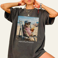 RodyThread Pregnant Girl Summer Funny Cat Meme Maternity Graphic T-Shirt For Expecting Moms Women Casual Vintage Wash Loose Fit Y2K Pepper Grey Cotton Tee Beach Pregnancy Announcement Baby Reveal Gift Summer Clothes Summervibes Wear