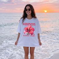 RodyThread Trendy Hibiscus Social Club Graphic Oversized T-Shirt Women Preppy Coconut Girl Aesthetic Coral Pink Cotton Top Tropical Aloha Hawaii Beach Lover Tee Summer Vacation Casual Loose Fit Flower Shirt Japan Okinawa Retro Holiday