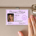 Personalized passenger princess photo car visor clip in lavender marble, attached to beige car sun visor with metal clip