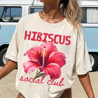 RodyThread Trendy Hibiscus Social Club Graphic Oversized T-Shirt Women Preppy Coconut Girl Aesthetic Coral Pink Cotton Top Tropical Aloha Hawaii Beach Lover Tee Summer Vacation Casual Loose Fit Flower Shirt Japan Okinawa Retro Holiday