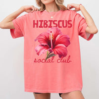 RodyThread Trendy Hibiscus Social Club Graphic Oversized T-Shirt Women Preppy Coconut Girl Aesthetic Coral Pink Cotton Top Tropical Aloha Hawaii Beach Lover Tee Summer Vacation Casual Loose Fit Flower Shirt Japan Okinawa Retro Holiday