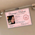 Personalized passenger princess photo car visor clip with pink marble background, holding custom photo of woman and cat