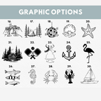 Graphic options chart showing numbered black line art illustrations including a tent, pine trees, and a sailboat for