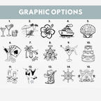 Graphic options chart showing numbered black line art icons including cocktails, beach chairs, hibiscus flower, and bridal