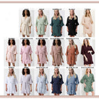 Color swatches displaying eighteen different shades of satin ruffle robes worn by models.