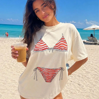 RodyThread Unbranded USA Bikini Top T-Shirt Red White Striped Swimsuit Coverup Shirt For Women Preppy Coastal Aesthetic Cotton Graphic Tee Patriotic 4th Of July Beach Vacation Girls Trip Bachelorette Bridesmaid Gift Clean Look Trendy Summer Apparel